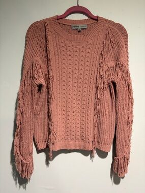 Absolutely Famous Dusty Rose Fringe Cable Knit Sweater